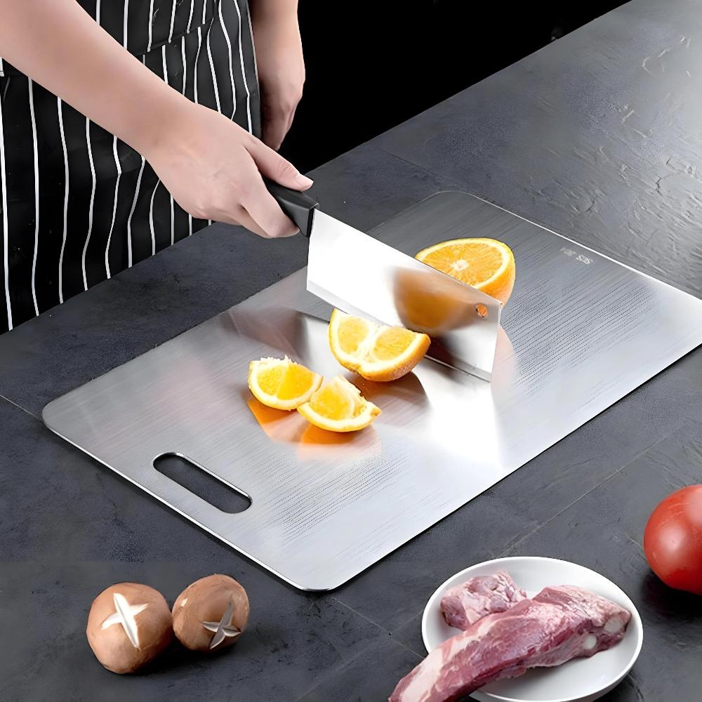 Minimalist Brushed Stainless Handle Slot Cutting Board