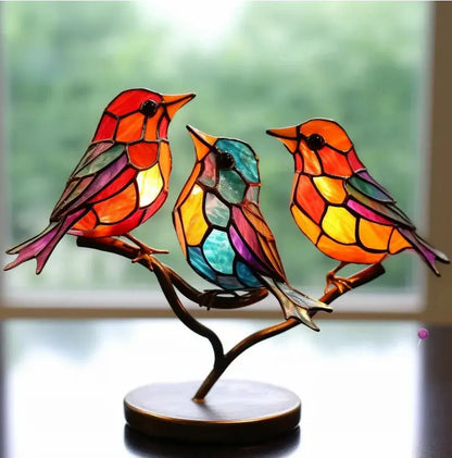 Tiffany-Style Perched Branch Stained Glass Bird Suncatcher