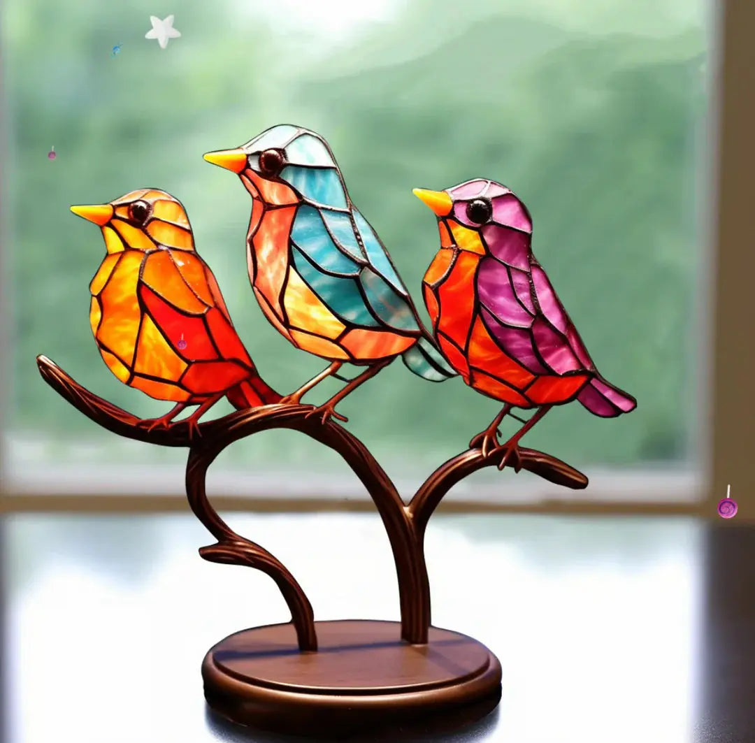 Tiffany-Style Perched Branch Stained Glass Bird Suncatcher