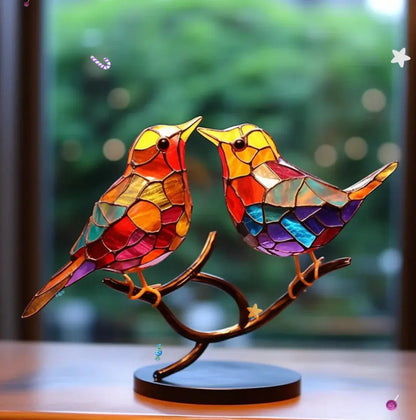 Tiffany-Style Perched Branch Stained Glass Bird Suncatcher
